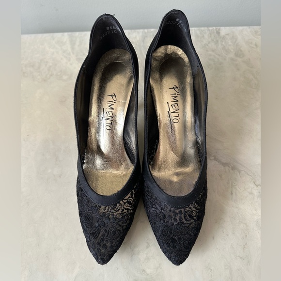 Vintage Pimento Satin and Lace Heels - Picture 2 of 5